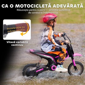 HOMCOM Motocicletă Electrică pentru Copii de 8-12 Ani cu Accelerație Manuală, și 2 Viteze, 119x64x76,5 cm, Roz | Aosom Romania