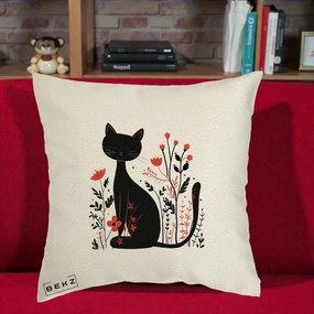 Perna Decorativa Pisica Neagra Flori Rosii Folk Minimal, 40x40 cm, Ecru, Husa Detasabila, Perna Inclusa, BEKZ®