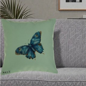 Perna Decorativa Fluture Albastru Satin cu Pete Aurii, 40x40 cm, Verde, Husa Detasabila, Perna Inclusa, BEKZ®