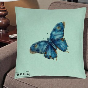 Perna Decorativa Fluture Albastru Satin cu Pete Aurii, 40x40 cm, Verde Menta, Husa Detasabila, Perna Inclusa, BEKZ®