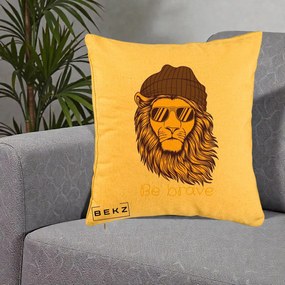 Perna Decorativa Leu Hipster Be Brave, 40x40 cm, Galben, Husa Detasabila, Perna Inclusa, BEKZ®