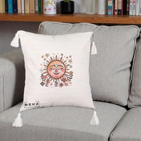Perna Decorativa Soare Retro Boho Floral, 40x40 cm, Bej cu Franjuri, Husa Detasabila, Perna Inclusa, BEKZ®