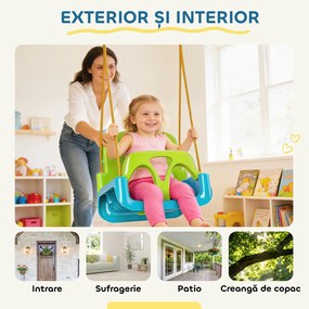 Outsunny Leagăn pentru Copii 3 în 1 pentru Interior și Exterior, Leagăn de Grădină pentru Bebeluși și Copii 9-36 Luni, Frânghie Reglabilă 120-180 cm și Centură de Siguranță, 42x33x120-180 cm, Verde | Aosom Romania