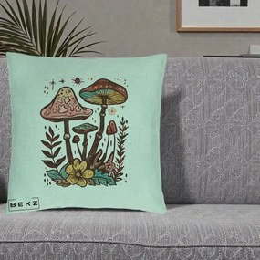 Perna Decorativa Ciuperci Boho Multicolore, 40x40 cm, Verde Menta, Husa Detasabila, Perna Inclusa, BEKZ®