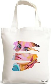 Sacosa de Panza pentru Cumparaturi, Geanta Tote, model Fragmented Art, 38x34.5 cm, Alba, BEKZ®