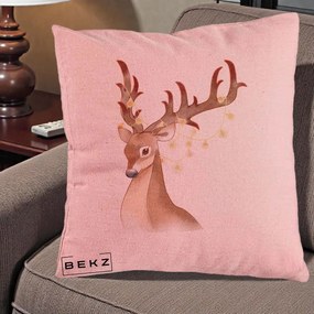 Perna Decorativa Ren cu Luminite de Craciun, 40x40 cm, Roz, Husa Detasabila, Perna Inclusa, BEKZ®