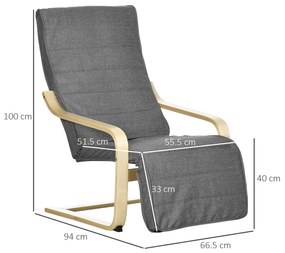 HOMCOM Fotoliu Relax cu Suport picioare pe 5 Niveluri si Tetiera, Fotoliu Ergonomic din Lemn de Mesteacan si Tesut, Gri