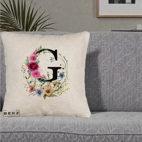 Cadou Personalizat - Perna Personalizata Monogram Litera G cu Flori Acuarela, 40x40 cm, Bej Canapea, Husa Detasabila, Perna Inclusa, BEKZ®