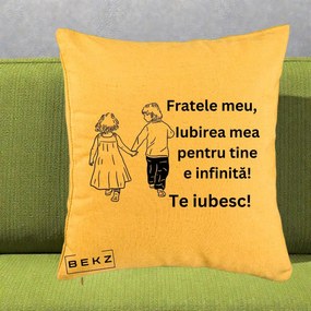 Cadou pentru Frate - Perna Personalizata Fratele Meu Te Iubesc Copii Tinand Maini Varianta 2, 40x40 cm, Galben, Husa Detasabila, Perna Inclusa, BEKZ®