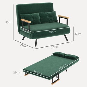 HOMCOM Canapea Pat de 2 Locuri cu Spătar Reglabil pe 5 Nivele, Canapea Pat Pliabilă cu 2 Perne, 102x73x81 cm, Verde | Aosom Romania