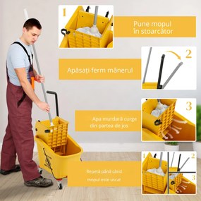 HOMCOM Cărucior de Curățenie Profesional de 36L cu Găleată pentru Mop, Storcător și Mâner, 55x37x65 cm, Galben | Aosom Romania