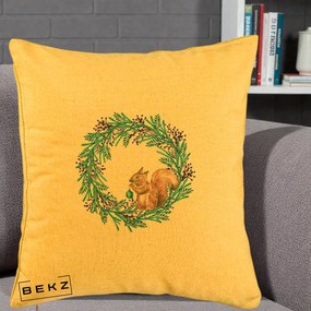 Perna Decorativa Coroana Turcoaz cu Veverita, 40x40 cm, Galben, Husa Detasabila, Perna Inclusa, BEKZ®