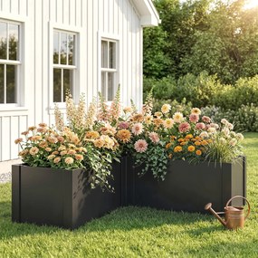 Outsunny Pat înălțat în formă de L pentru flori, rezistent la intemperii, pat de plantare/seră timpurie din oțel zincat 150 x 150 x 55 cm Negru | Aosom Romania