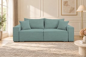 Canapea extensibilă Livia din catifea reiată, verde marin, cu ladă de depozitare