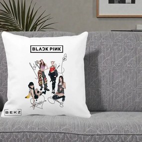 Perna Personalizata K-pop BLACKPINK Fotografie Grup Autografe Toate Membre, 40x40 cm, Alba Mata, Husa Detasabila, Perna Inclusa, BEKZ®