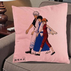 Perna Personalizata Gintama Trio Gintoki Shinpachi Kagura, 40x40 cm, Roz, Husa Detasabila, Perna Inclusa, BEKZ®