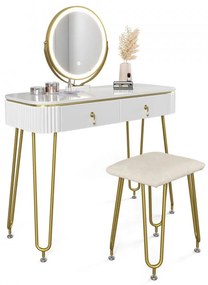 SEA398 - Set Masa toaleta, 100 cm, cosmetica machiaj, oglinda cu LED, scaunel taburet tapitat - Alb Lucios-Auriu
