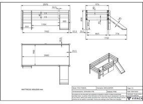 Pat înalt cu tobogan pentru copii Vipack Pino, 90 x 200 cm, alb