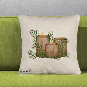 Perna Decorativa Lumanari Rustice cu Crengute Brad, 40x40 cm, Bej Canapea, Husa Detasabila, Perna Inclusa, BEKZ®