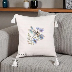 Perna Decorativa Libelula Acuarela Flori Albastre, 40x40 cm, Bej cu Franjuri, Husa Detasabila, Perna Inclusa, BEKZ®