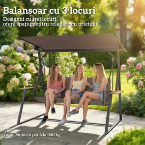 Outsunny Balansoar de Grădină cu 3 Locuri și Acoperiș Reglabil, Balansoar de Exterior din Metal cu Tăvi pentru Băuturi, Perne Imbătute, Capacitate 360kg, pentru Terasă sau Balcon, 222x131x175 cm, Maro | Aosom Romania