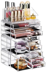 Organizator XXL cu 11 sertare şi 15 compartimente pentru make up şi cosmetică, transparent, acril