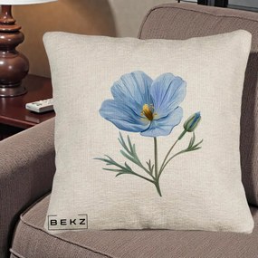 Perna Decorativa Mac Albastru Acuarela, 40x40 cm, Bej Canapea, Husa Detasabila, Perna Inclusa, BEKZ®
