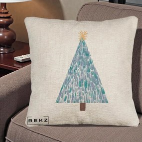 Perna Decorativa Brad de Craciun Acrilic Albastru, 40x40 cm, Bej Canapea, Husa Detasabila, Perna Inclusa, BEKZ®