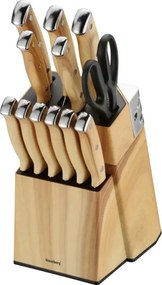 Set de cuțite de bucătărie Klausberg KB 9038, 13 piese, ascuțitor încorporat, oțel inoxidabil, suport, maro