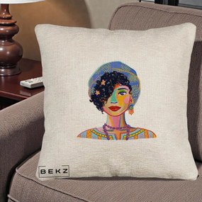 Perna Decorativa Portret Femeie Etnic Colorat, 40x40 cm, Bej Canapea, Husa Detasabila, Perna Inclusa, BEKZ®