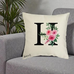 Cadou Personalizat - Perna Personalizata Monograma Florala Litera H cu Trandafiri Roz, 40x40 cm, Ecru, Husa Detasabila, Perna Inclusa, BEKZ®