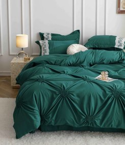 Lenjerie pat dublu, Inimi Brodate, 6 Piese, Finet Premium - Verde
