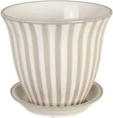 Ghiveci din ceramică artizanală natur cu dungi pictate manual, cu farfurioară inclusă, 19 × 16 cm, „Miriam"