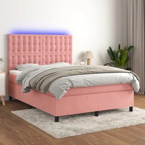 vidaXL Pat cu arcuri, cu saltea și LED, roz, 140x190 cm catifea