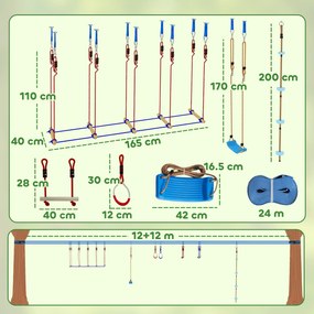 AIYAPLAY Ninja Line Set Slackline copii 24 m cu inele gimnastice, 7 obstacole, bară de cățărat, pod de echilibru pentru 3-6 ani Roșu+Albastru | Aosom Romania