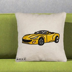 Perna Personalizata Masina Cabriolet Galbena Grafic, 40x40 cm, Bej Canapea, Husa Detasabila, Perna Inclusa, BEKZ®