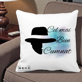 Cadou pentru Cumnat - Perna Personalizata Cel mai Bun Cumnat cu Silueta Palarie si Pete Teal-Roz, 40x40 cm, Alba Mata, Husa Detasabila, Perna Inclusa, BEKZ®