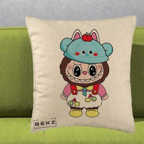 Perna Personalizata Labubu x Urs Albastru Colorat, 40x40 cm, Bej, Husa Detasabila, Perna Inclusa, BEKZ®