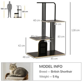 PawHut Copac de joacă, Design industrial, 2 platforme, 2 perne de odihnă, Placă de zgâriere, Cadru din oțel, negru, 85 x 48 x 128 cm | Aosom Romania