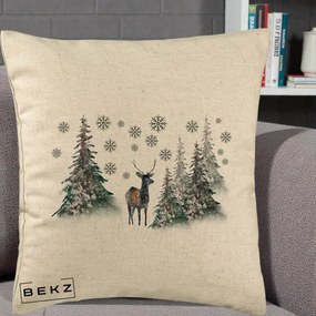 Perna Decorativa Ren in Padure Inzapezita, 40x40 cm, Bej, Husa Detasabila, Perna Inclusa, BEKZ®