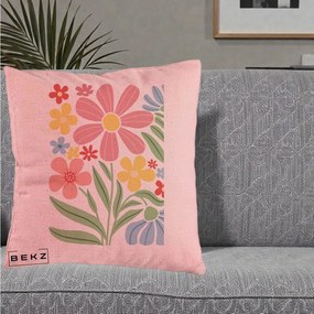 Perna Decorativa Flori Grafice Roz Pastel, 40x40 cm, Roz, Husa Detasabila, Perna Inclusa, BEKZ®