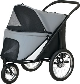 PawHut Cărucior pentru câini 3 roți cu pliere ușoară, buzunar de depozitare, pernă moale, lesă de siguranță, gri | Aosom Romania