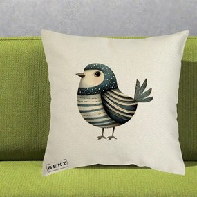 Perna Decorativa Pasare Teal Decorativa Dungata, 40x40 cm, Ecru, Husa Detasabila, Perna Inclusa, BEKZ®