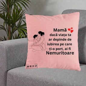 Cadou pentru Mama - Perna Personalizata Mama Nemuritoare Kawaii, 40x40 cm, Roz, Husa Detasabila, Perna Inclusa, BEKZ®
