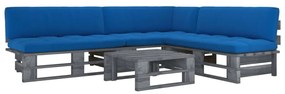 Set mobilier paleti cu perne, 4 buc., lemn pin gri tratat Albastru regal, colt + 2x mijloc + masa, Gri, 1