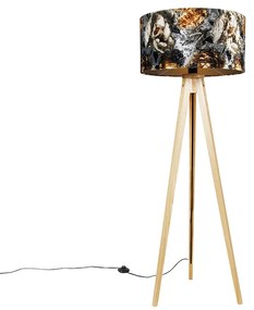 Lampă de podea cu trepied natural cu abajur floral 50 cm - Tripod Classic