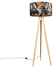 Lampă de podea cu trepied natural cu abajur floral 50 cm - Tripod Classic
