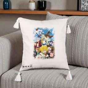 Perna Personalizata Nanatsu no Taizai Cele Sapte Pacate Mortale Anime, 40x40 cm, Bej cu Franjuri, Husa Detasabila, Perna Inclusa, BEKZ®