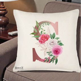 Cadou Personalizat - Perna Personalizata Monograma Rose Gold Litera S, 40x40 cm, Crem Reliefat, Husa Detasabila, Perna Inclusa, BEKZ®