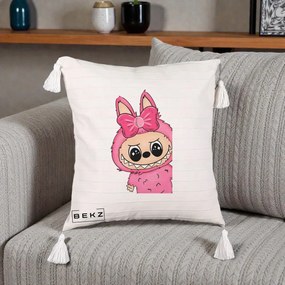 Perna Personalizata Labubu Roz cu Funda, 40x40 cm, Bej cu Franjuri, Husa Detasabila, Perna Inclusa, BEKZ®